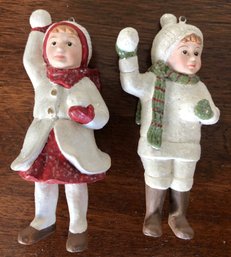 T35 - #5 - 2pc Christmas Ornaments - Kids W/ Snowballs