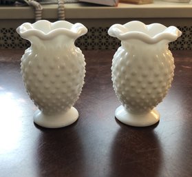 Two Fenton Hobnail Milk Glass Bud Vases