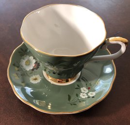2pc Teacup Saucer Set - Royal Grafton - Green W/ White Flowers