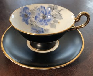 2pc Teacup Saucer Set - Royal Stafford - Black W/ Blue Flowers