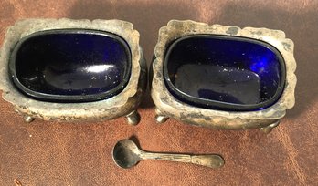 Silverplate Salt Cellars W/ Cobalt Blue Glass Inserts W/ Sterling Spoon