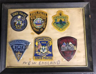 6pc New England Police Patches W/ Badge Lapel Pins - Framed