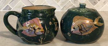 Wass'z Art Pottery Sugar & Creamer - Fish Design