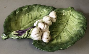 Ceramic Leaf Shape Platter W/ Garlic & Eggplant Design - Italy