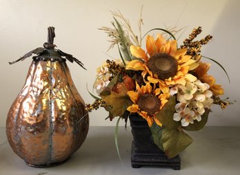 2pc Fall Decor. Metal Gourd & Flower Arrangement