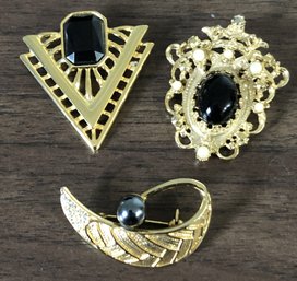 3pc Costume Jewelry Brooches - Gold Tone W/ Black Stones