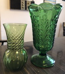2pc Vintage Green Glass Vases