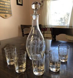 Mid-century Etched Glass Decanter & 5 Glasses - Bamboo Design