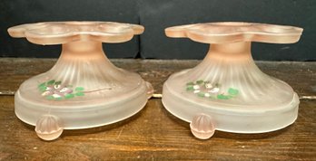 Pair Of Pink Frosted Depression Glass Candle Holders