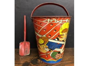 Vintage Tin Litho Sand Bucket W/ Shovel - Red