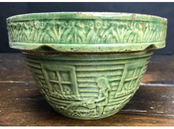 Vintage Small Green Glaze Bowl - Girl Watering Flowers