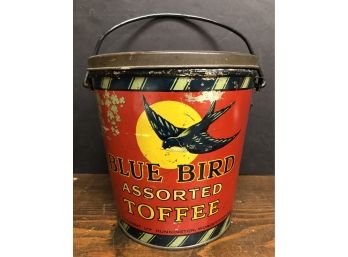 Antique Tin Litho Blue Bird Assorted Truffle Bucket W/ Lid