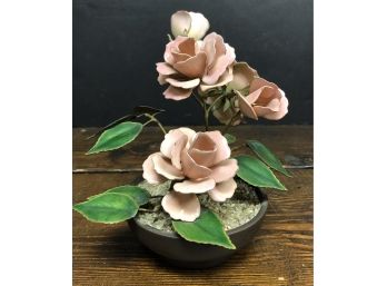 Mid Century Enamel On Copper Pink Roses