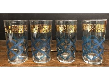 4pc Mid Century Federal Blue/ Gold Glasses