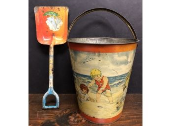 Vintage Tin Litho Sand Bucket W/ Shovel