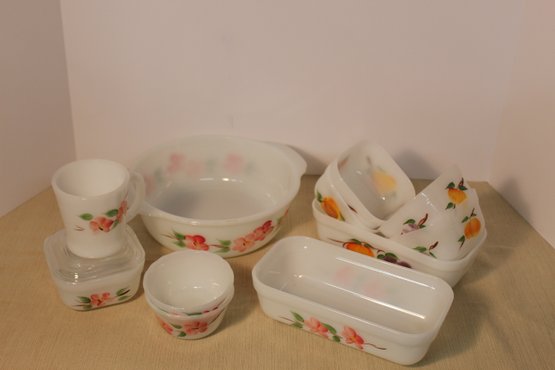 Vintage Fire King Lot- 12 Piece Lot- Fruit And Apple Blossom On Milk Glass