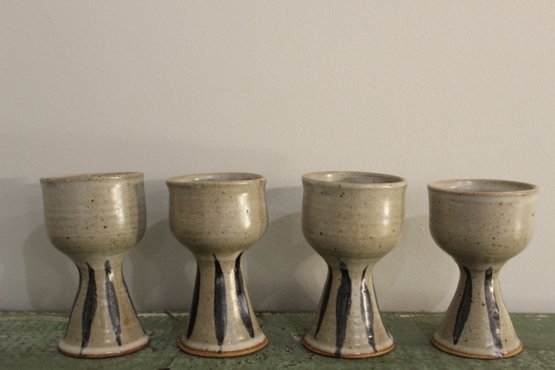 Four Vintage Stoneware Pottery Wine Goblets