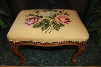 Vintage Needlepoint Wooden Footstool W/Beautiful Hammered Nail Detail