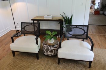 Two Stunning Barbara Barry Dark Brown Expresso Wooden Chairs- With Woven Backs & Off White Fabric Seats