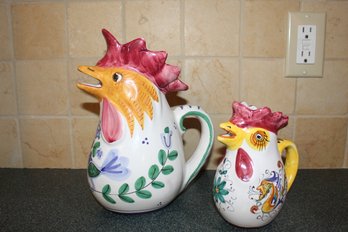 Set Of Two Italian Hand Painted Rooster Pitchers