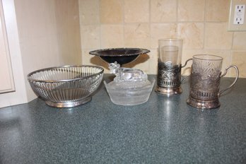 5 Pieces~ Two Russian Style Tea Glasses, Glass Cow Dish With Lid, Pedestal Bowl For Fruit & Bread Basket