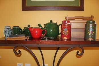 Lot Of Tea Items- Caddy, Scale, Containers, Strainer, Etc