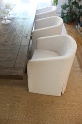 Six Restoration Hardware-  White Ellison Barrel Back Slope Skirted Dining Armchair