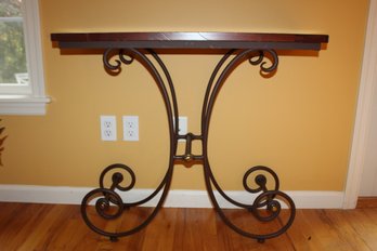 Console Table With Wooden Top And Scroll Metal Legs