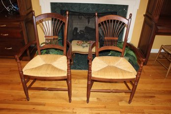 Pair Of Comfortable Wooden Wheat Back Woven Seat Chairs & Pillows