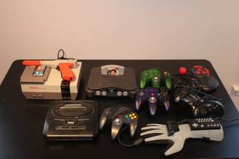 Collection Of Vintage Gaming Consoles-Nintendo, Nintendo 64, Sega Genesis And Remotes