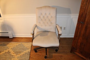 Light Colored Desk Chair- On Wheels, Swivels With Wooden Base And Nail Head Detail