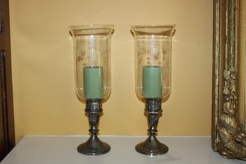 Pair Of Etched Glass Candle Holders With 'Sterling ' Base & Candles