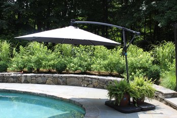 Large Patio Umbrella-'Best Choice' (See Photos/Description) W/LED Solar Lights & Heavy Planters With Ferns