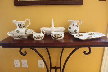 Collection Of Six Spode Bone China Strawberry Pattern Pieces, Seventh A Holly Berry Pattern