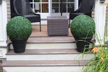 Two Heavy Duty Black Plastic Pots With Artificial Topiary Boxwood Spheres