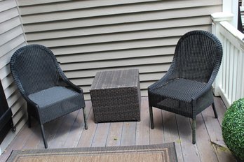 Two Black Nylon Wicker Patio Chairs W/woven Side Table