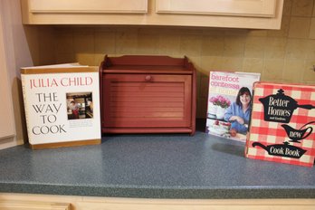 Collection Of 3 Vintage Cookbooks And Wooden Bread Box