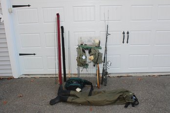 Collection Of Fishing Equipment-Fly Reals, Gear, Poles, Rods, Tackle, Medium Size Vest And Waders