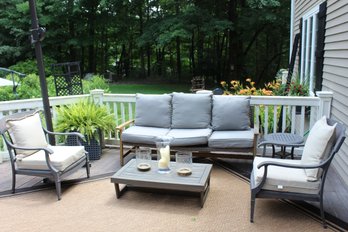 Three-Seater Wicker Outdoor Sofa On Wooden Frame With 6 Cushions And Coffee Table