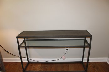 Crate & Barrel Console Table With Black Metal Frame Wooden Top & Lower Glass Shelf