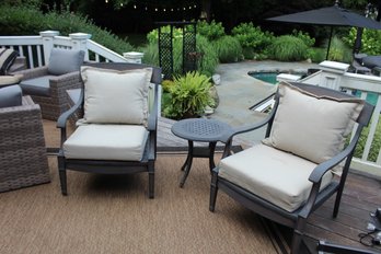 Two Outdoor Metal Chairs With Cushions And Metal Side Table