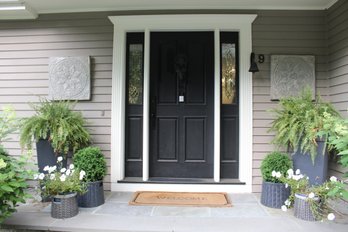 Front Door Decor ~ Six Planters, Greenery, Bell, Two Square Wall Hangings And Welcome Matt