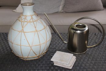 Patio Items-Metal Watering Can, Stone Coasters Paired With Large Vase