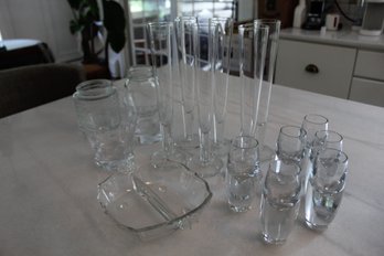 Baccarat Low Ball Glasses, Crate & Barrel Shot Glasses, Champaine Flutes, Jars For Drink Garnishes