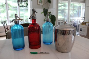 Cool Collection Of Three Vintage Seltzer Bottles & Metal Ice Bucket