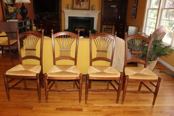 Set Of Four Vintage Rush Seated Wheat Back Chairs