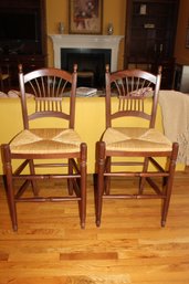 Pair Of Vintage Rush Seated Wheat Back Bar Seats