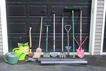 Lot Of Garden Tools Including Watering Cans, Potting Soil And Landscape Fabric