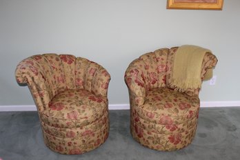 Pair Of Thomasville Kagan Style Clam Shell Channel Back Floral Swivel Chairs W/throw Blanket