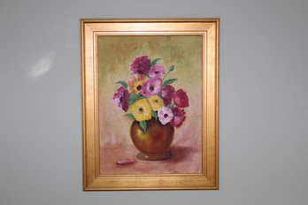 Signed Floral Painting In Gold Frame Bright Beautiful Colors